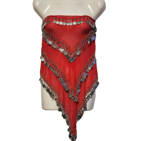 Red Hip Scarf 4 Rows Coin Tassels Long and Wide Wrap Scarf Belly Dance Skirt NEW - Picture 2 of 5